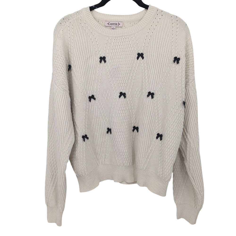 Nanette Lepore Cable Knit Sweater Women Large Cream Bows Coquette Regency Regal